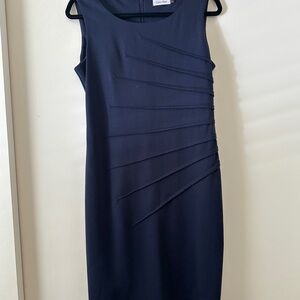 Calvin Klein Blue Asymmetrical Pleated Sheath Dress